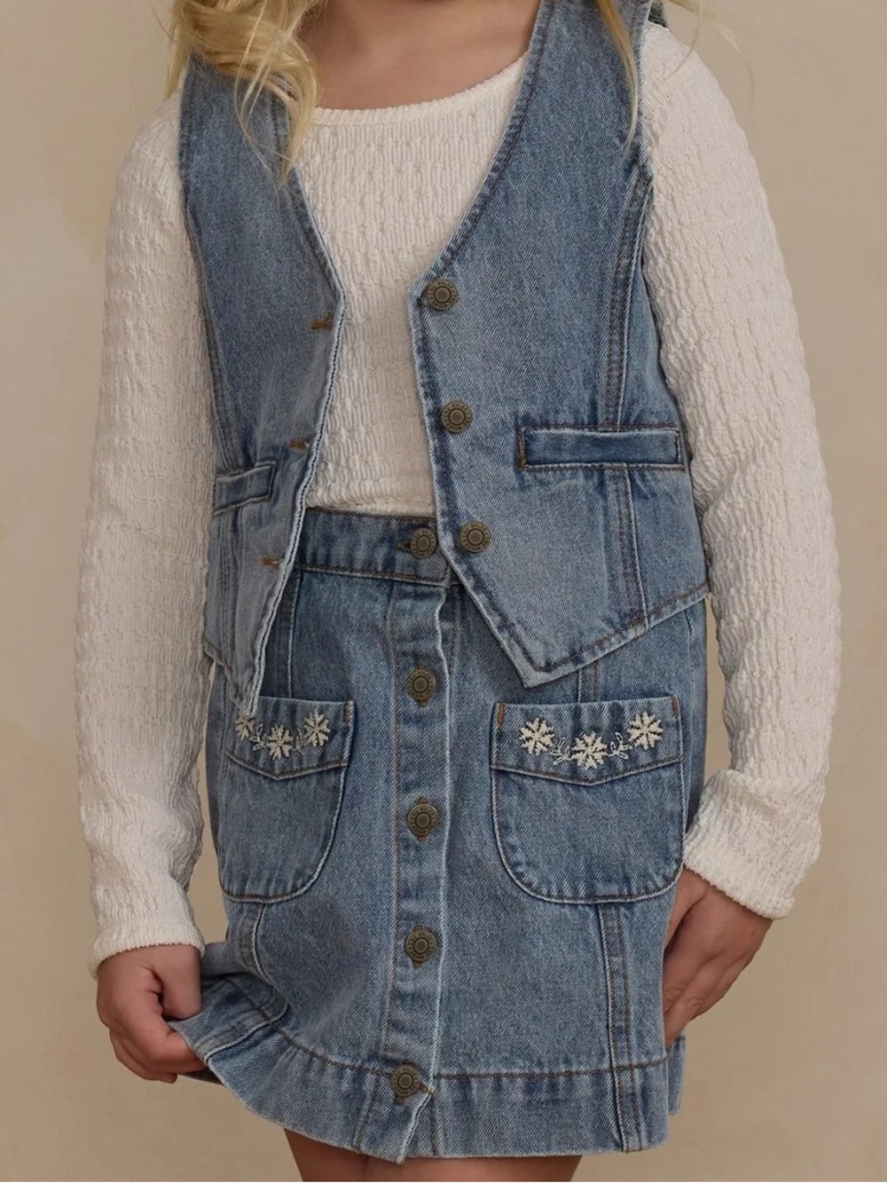Rylee + Cru Light Blue Denim Skirt with Embroidered Pockets